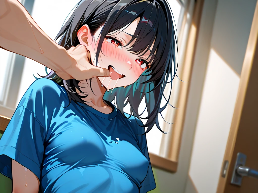 Sit and lean against a wall,looking ahead,from above,handjob,side view,face focus,open mouth,tongue out,cum on tongue,Licking the penis,(1girl,Beautiful 14 year old girl),((Slender,Small breasts,Baby Face,Small face,)),looking at viewer,Black Hair,bangs,two side up,Gray Eyes,Drooping eyes,slit pupils,narrow eyes,White sweater mini dress,bare shoulder,Jean Shorts,Beautiful and detailed anime art,Mischievous smile,Dimly lit room,Simple Background,Gray background,Low lighting