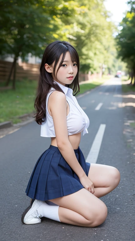 (((skirt lift))), (extremely huge breasts), Move your center of gravity back, pretty embarrassing, lacy panties, sexy legs, long skirts, heels on the ground, kneeling down, sidewalk, RAW photos, 8K, highest quality, ultra-high resolution, beautiful faces detailed, real human skin, gentle expressions, Front view, long hair, realistic, photorealistic, cute, squatting deep in the city, cute school girl, Japanese schoolgirl uniform, wearing Japanese school uniform, surreal high school girl, whole body, NSFW