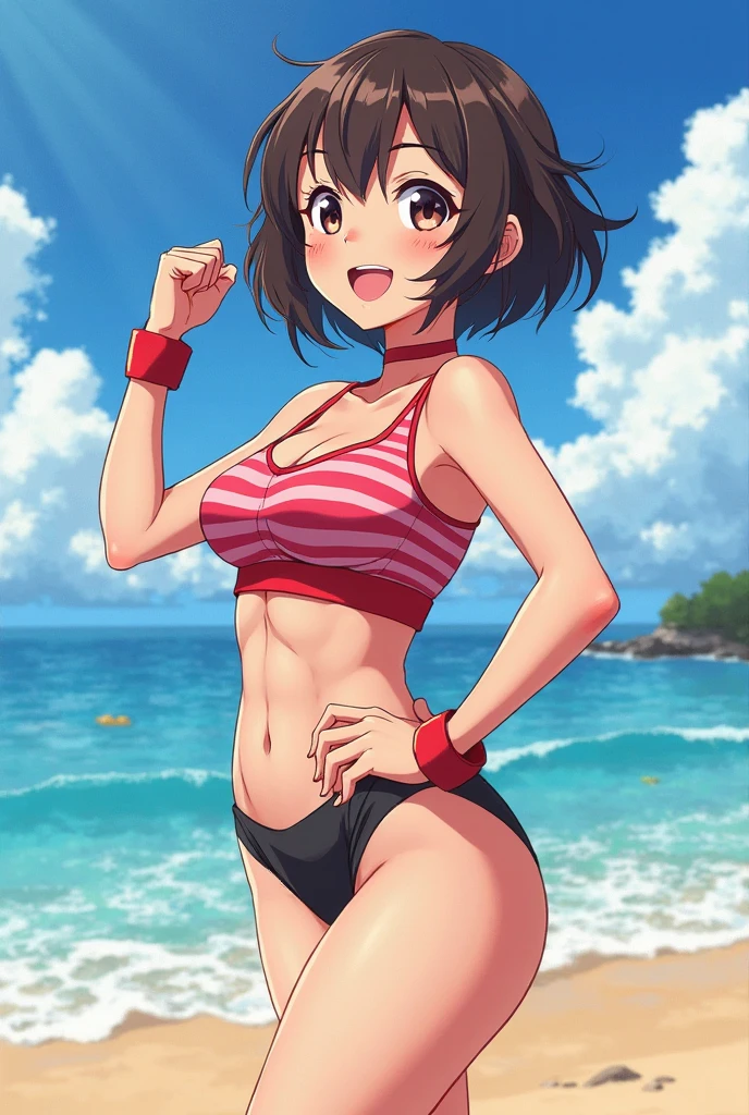 best quality, master piece, multicolored hair, short hair, ,1girl, breasts, brown hair, abs, pectorals, muscular, micro bikini, erect nipples,