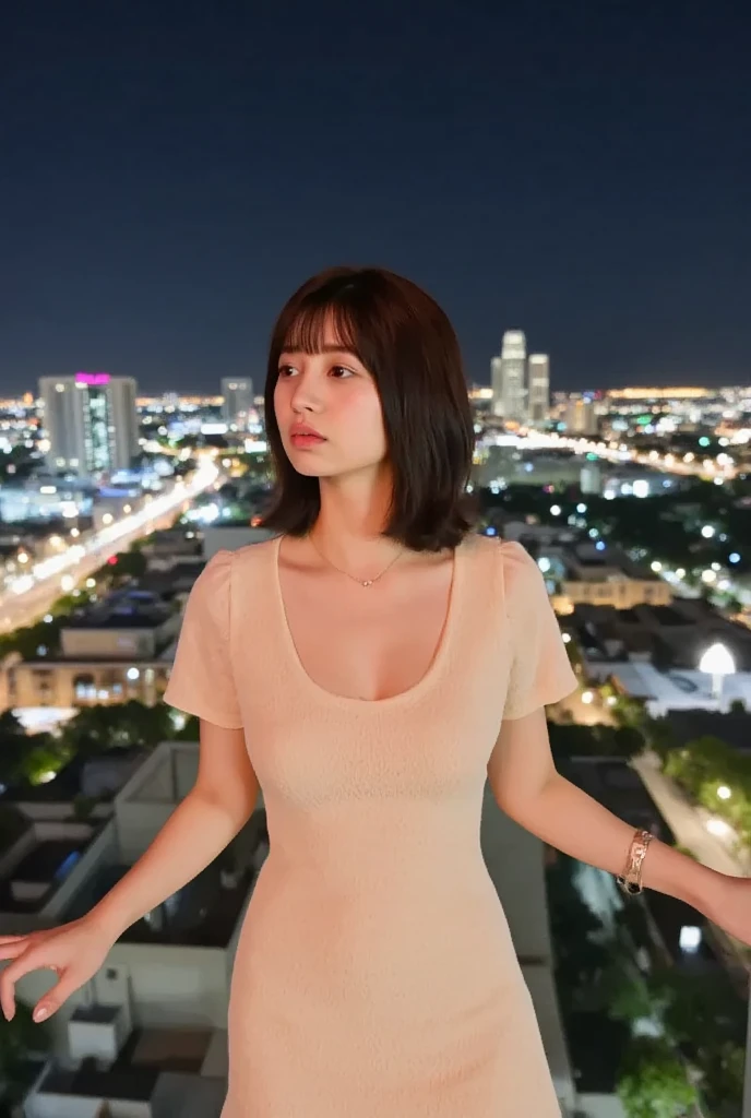 (masterpiece:1.3), (8K, realistic, Raw photo, highest quality: 1.4),(japanese women)), Supermodel,fubuki, old girl,,sexy posture,perfect your figure,look at the camera,huge breasts,very big ,bob head,short black hair, green pupil, earrings,necklace, laughter,night,nightのシーン,night,fubuki is waving,full moon、Tokyo cityscape. night、night view of 横浜 from the hotel room