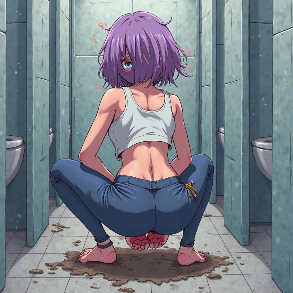 Ultra-detailed illustrations、Ultra-precise expression、masterpiece、Highest quality、ultra High resolution、High resolution、Hiromitsu Takeda Style、White background、Simple Background、Toilet、toilet、whole body、One girl、solo、(Mash Kyrielight)、light purple hair、short hair、Completely naked、White Breath、Sweat、Glowing Skin、shiny skin、Squat、stand、Urine、poop、