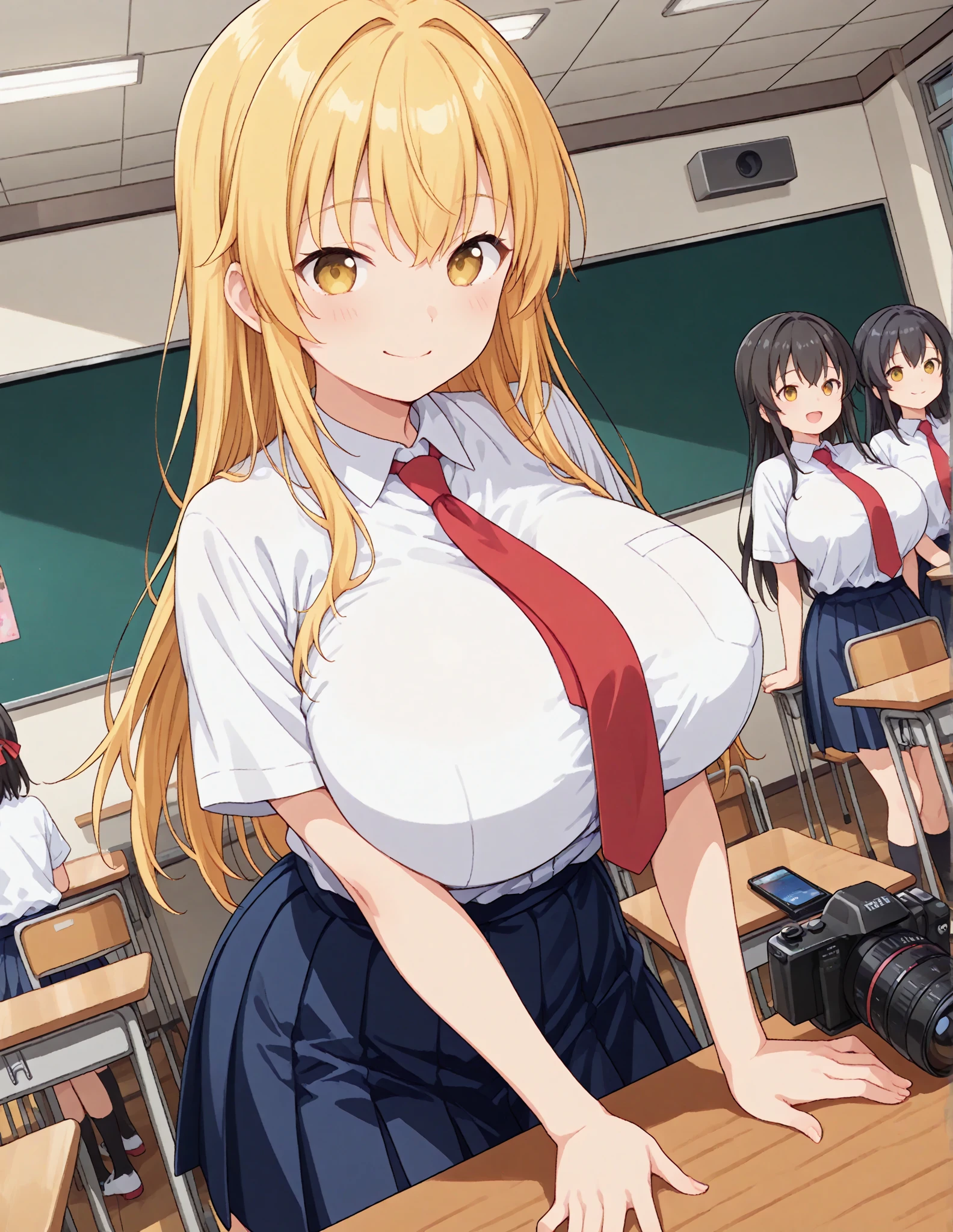masterpiece, top quality, super detail, 8k_wallpaper, (beautiful eyes), ((cute)), cute, (lovely), (erotic),3girls,blunr bands,long hair,cleavage,thighs, mini skirt,flat breasts, loli,3 school girls,high socks,, knee socks,smile,,panties,back view,watercolor