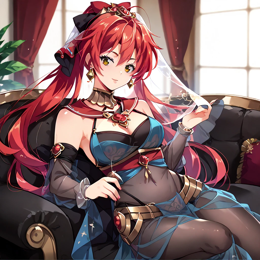 (((masterpiece)))、(((Top image quality)))、(((top-quality)))、(((Illustration of one girl)))、(((Muscle Girl)))、((neuter))、((Long hair with red hair))、Golden eyes、((Tall))、(((Muscular and strong body)))、((Split abs))、((muscular and thick arms))、((muscular and thick thighs))、(((manspreading)))、adventurer、(((Adventurer style equipment)))、Sitting on a chair、Medieval tavern