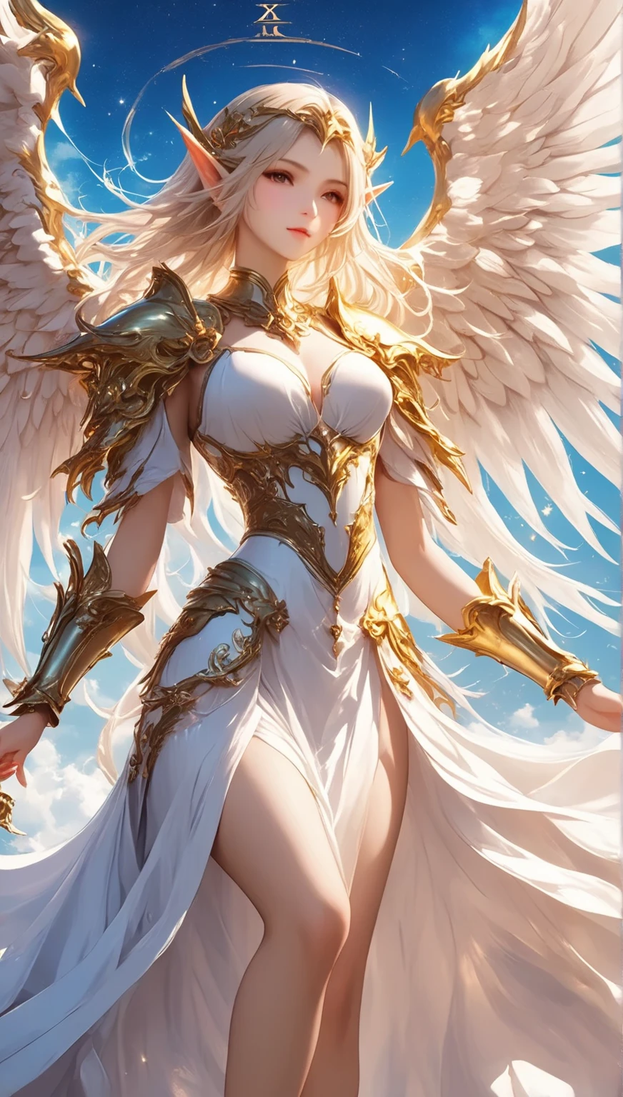((Masterpiece)), best quality, absurderes, ultra detailed, super beautiful asian girl with beautiful eyes, beautiful glowing blonde hair, high ponytail, nice and sexy body, coming down from heaven wearing a beautiful fighting angel outfit, with most beautiful wings coming from her back, full of light and luminescence, very immersive, unique and beautiful, top angel