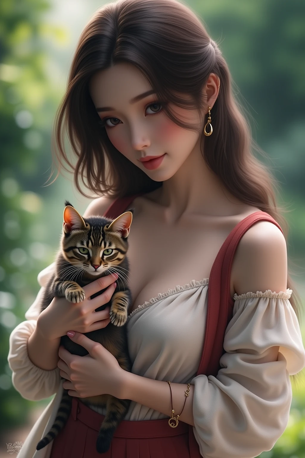 Kitten with lemon in its mouth(fruits:lemons)、Kitten is being held by a beautiful woman(cat1:woman 1)、