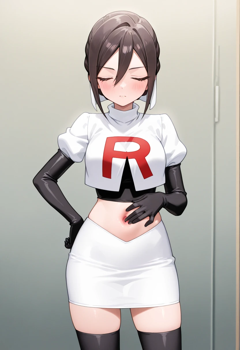 (Alphonse Mucha style:1.3), masterpiece,Highest quality,High resolution,Anime Style,(1 high school girl:1.2), The clothes are thick enough not to be see-through, (((Team Rocket uniform), Short skirt), (Black Patent Leather Gloves), (Black patent leather boots), (Jet black panties)),(Smiling and showing teeth:1.3),(Her hair color is green., Three-stranded, Glasses:1.3), (Panty shot, View from below the subject:1.1), (Clothes that look good:1.1), (Blank Background:1.3), (The subject steps on the viewer:1.3)