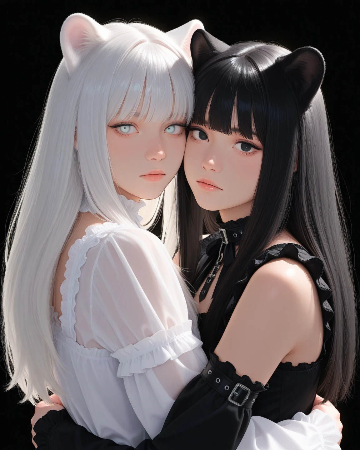 black hair, white hair, eyepatch, jeweled branch of hourai, mole under eye, heart-shaped pupils, fox ears, scowl, Surrealism, anime, 8k, super detail --auto
