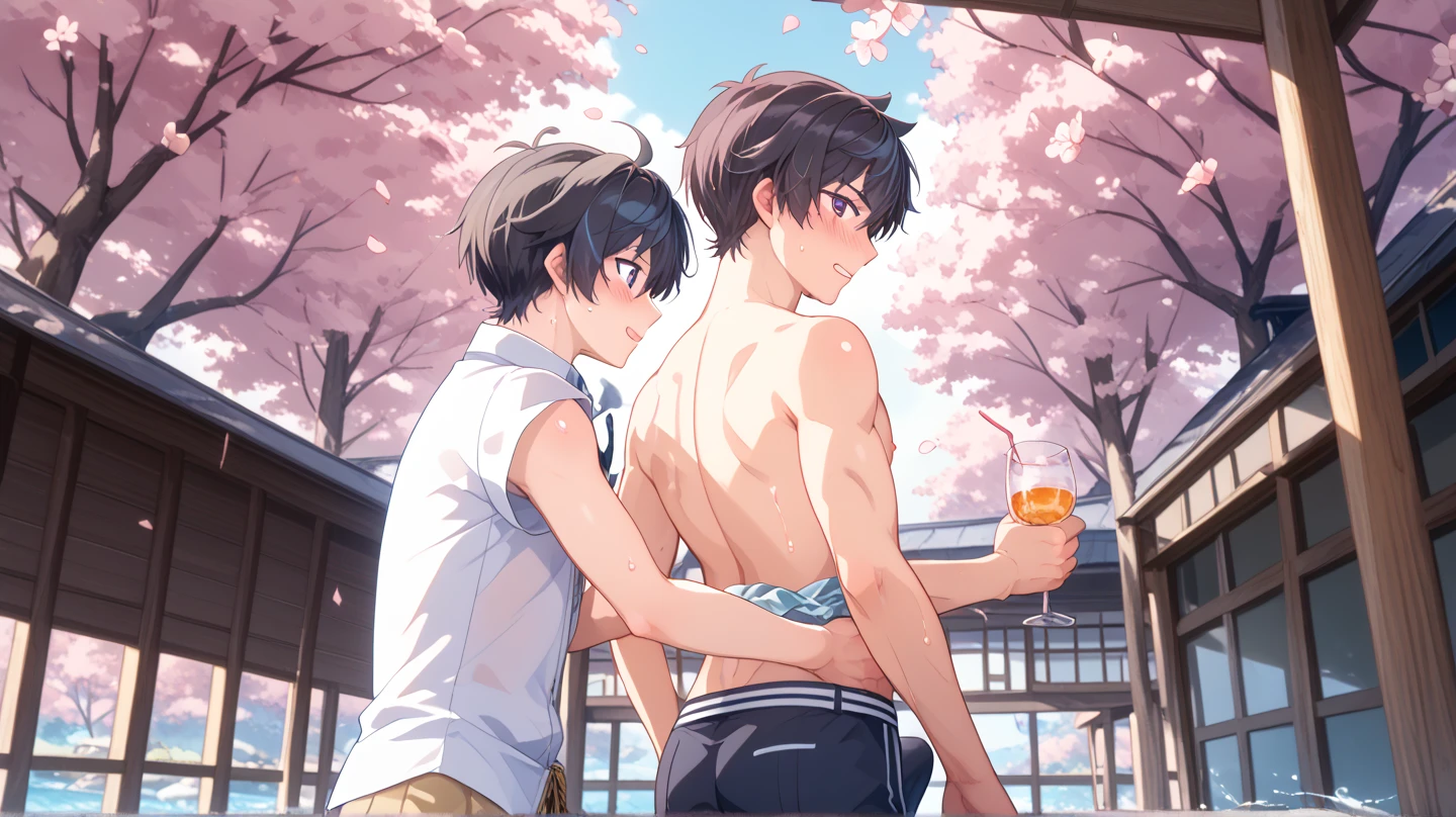 Two men hugging and kissing、30 years old、male、Japanese、very handsome、Topless、Half quilt、loincloth、abs、Pectoral muscle、body hair、open legs、smile、festival、night、summer