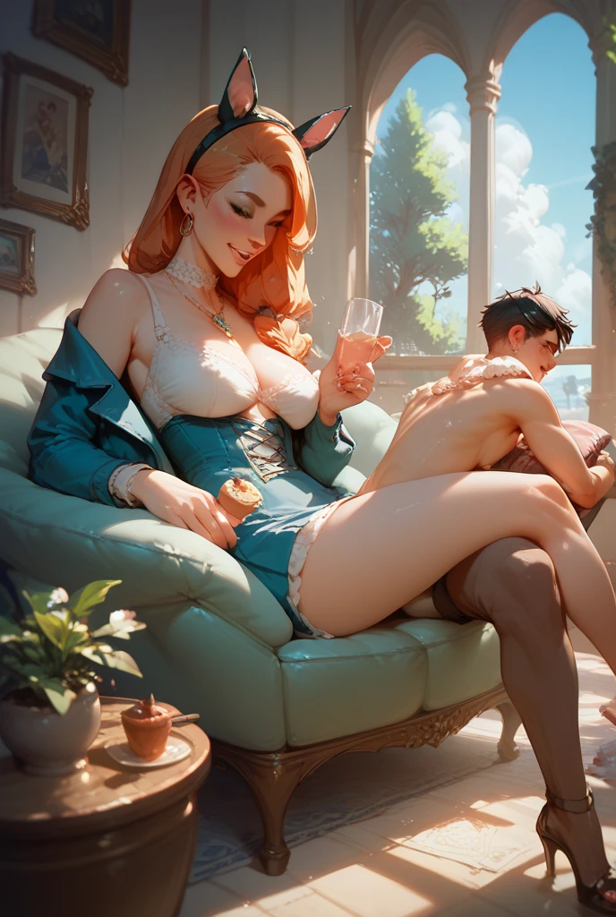 score_9, score_8_up, score_7_up, 1girl, 1boy, magnificent body, A luscious milkmaid has fun with her boyfriend on a animal farm, I put you legs around him, friendly sex,