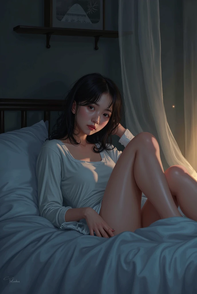 Hot brunette which is just getting ready in bed by moonlight. She has a short skirt on and spreads her legs because she lies so much more comfortable (8k) (Photorealistic)