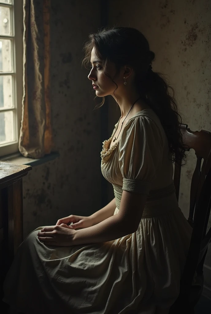 Intense girl, sit on an old chair, dark background, 1500 victorian white dress, diffussed light, hd, 4k, extended hand, diagonal view, side view, home