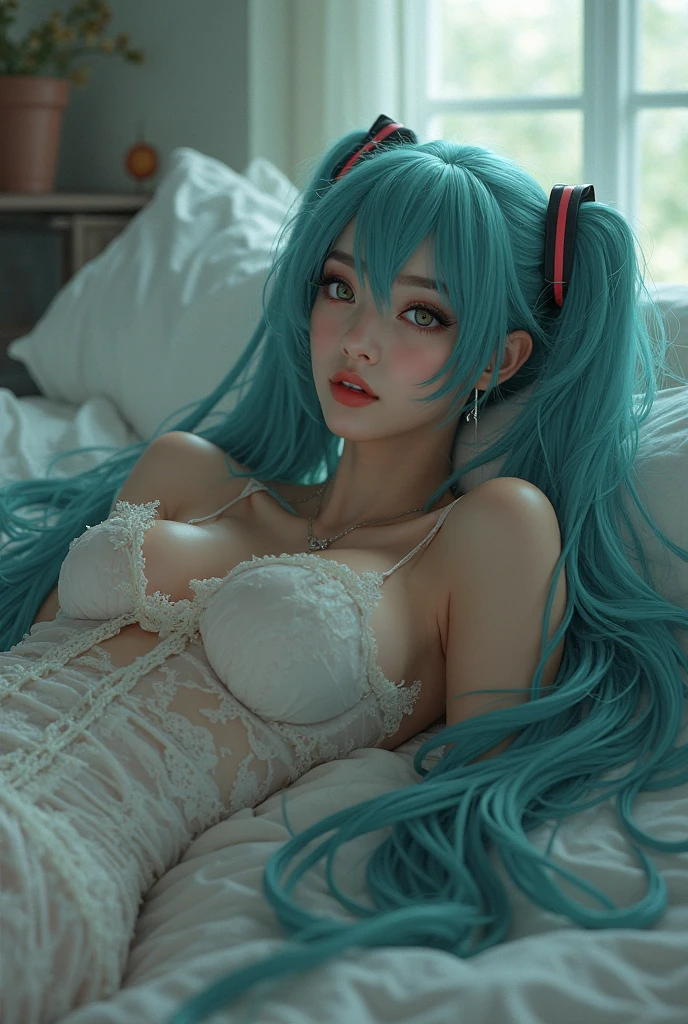 (masterpiece), best quality, expressive eyes, perfect face, cyan blue eyes, cyan blue hair, lying on a big, luxurious bed, flushed, tired, embarrassed expression
covered with quality fabric over the body, one of the breasts barely covered by the sheet, lying in bed, no clothes, Cute expression, blushing, extra long hair lying on the bed, naked, Luxurious room, luxurious bed, Elf, sexy and cute woman, Covered in sheets, sheets covering the body but with breasts on display, Pointy ears, elf ears ,Top-down shot, lying on ground, Woman in her 30s, Big breasts, sexy, seductive, blushing