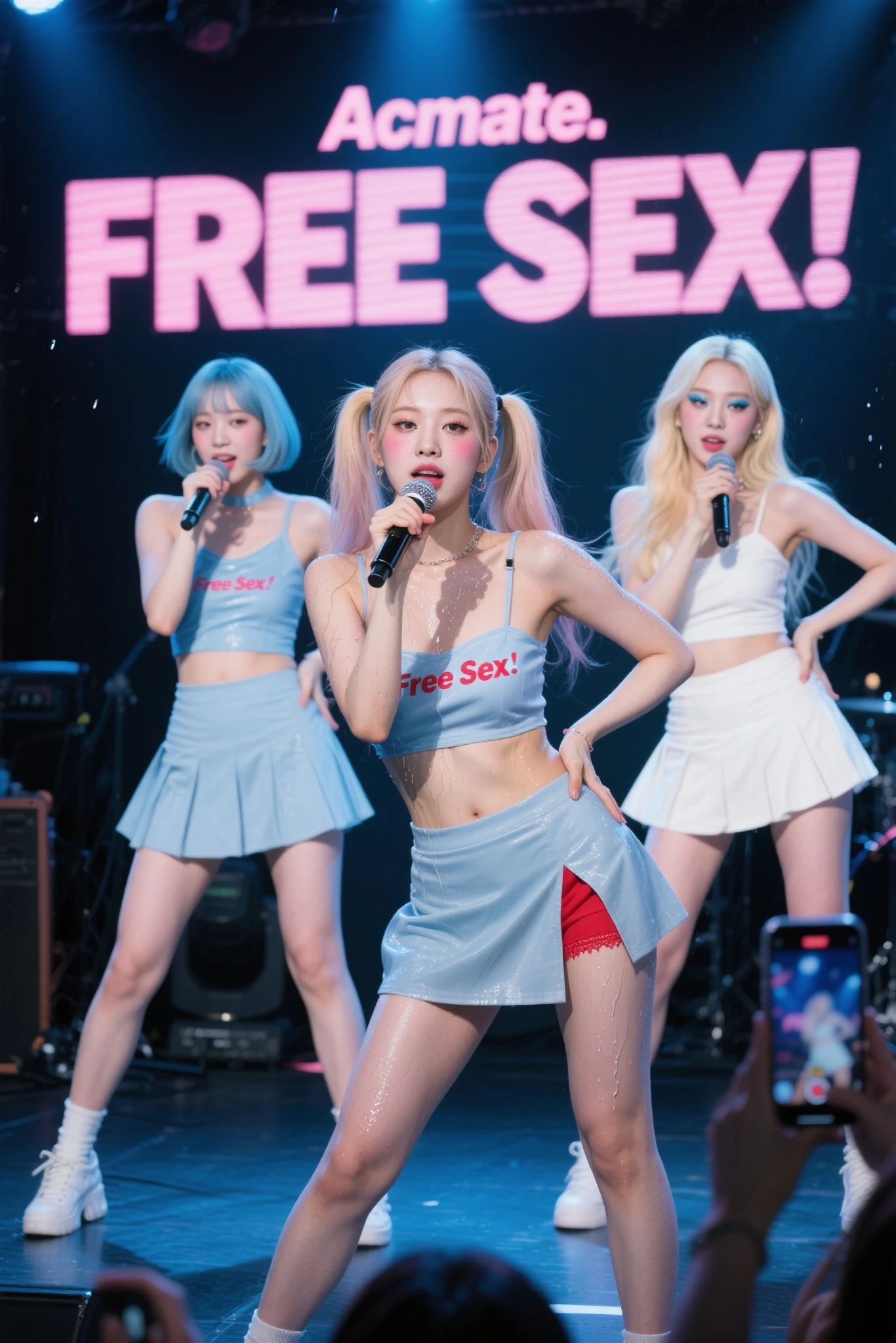 3-member girl group、Light pop music group、Very high resolution、Ultra high picture quality、16K、Wonderful expression with attention to detail、beautiful face, idols, BIG BREASTS, light blue eyes, All have STRAIGHT BOB CUT blonde hair, ((cute satin costume, lace mini shirt, costumes white and black multi-colored stage))、pantie view, Outdoor music hall performance stage