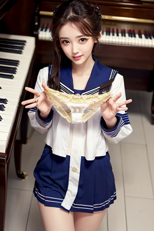 Masterpiece, best picture quality, one beautiful girl, detailed eyes, swollen eyes, brown hair, long hair, fair skin, cute, cute legs, short skirt, Japanese woman, Asian beauty, moonlight, strong eyes, professional lighting, bright lighting, double eyelids, slender, Japanese woman, Asian beauty, idol, Checked jacket, short checked skirt, ribbon shaped tie, smile, sweat, fresh, live stage, hair ornament, Japanese idol costume, idol audition, sparkly costume, angel wings,