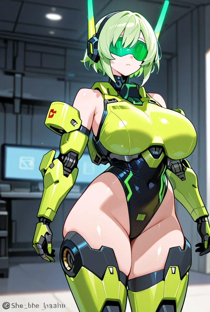 1girl, green hair, very short hair, pixie cut, yellow eyes, serious, glowing eyes, large breasts, breasts, thick thighs, toned, toned female, bodysuit, pilot suit, futuristic, science-fiction, neon, neon trim, neon light, black bodysuit, space, 