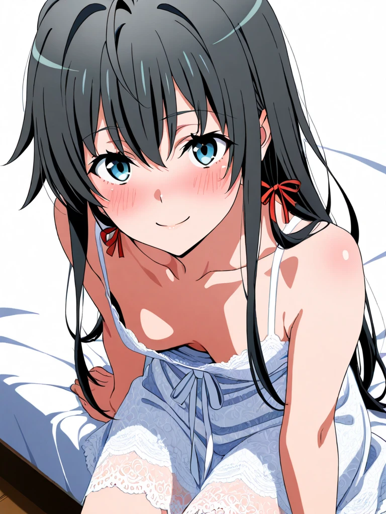 A girl,Tsundere cute,Black hair with two long braids,Cover your chest with your hands,Wearing a light blue bikini,Lying on the bed