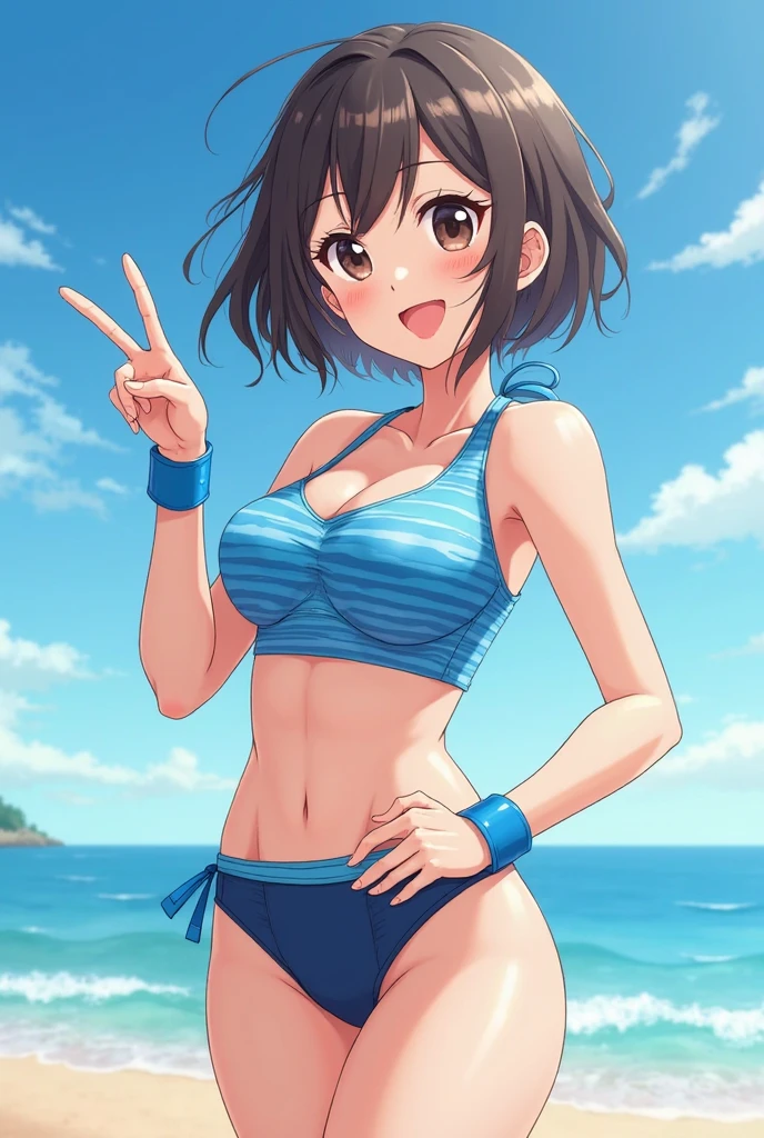 shinkai makoto, kimi no na wa., 1girl, bangs, black hair, brown eyes, waterfall braid, red ribbon, long hair, smile, pool, outdoors, splashing, summer, shadow, solo, day, open mouth, blush, looking at the viewer, cowboy shot, blue sky, happy, cloudy_sky, sunlight, bikini, white bikini, short skirt, masterpiece, beach, sand, ocean, palm tree, island, bubble, lens_flare, masterpiece, innertube,
