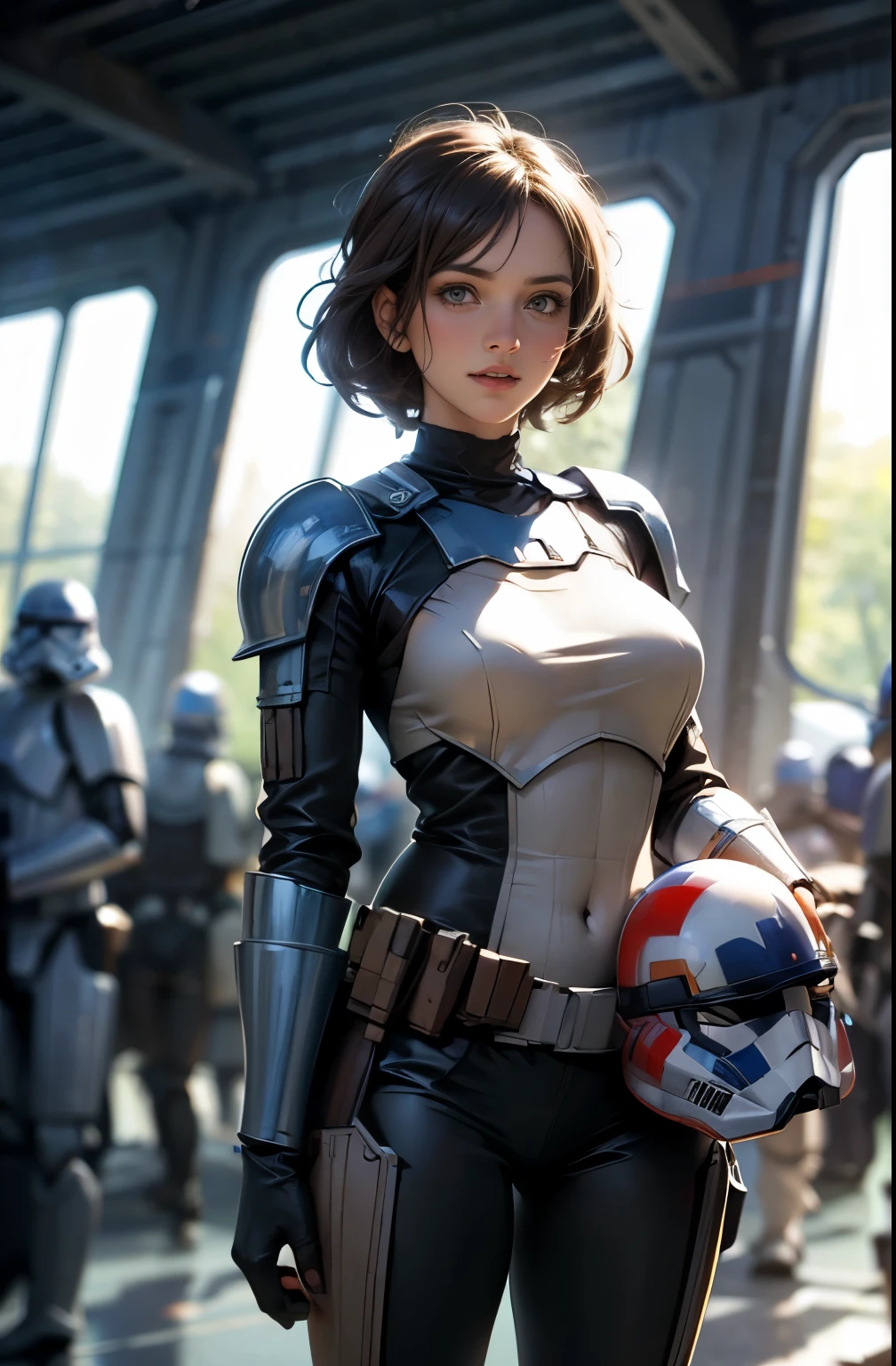   star wars world  ,sexy girl who is torn ,  don't wear a helmet ,holding helmet in right hand, ,Vesker Armor ,Slimming,  slender,I can see faces, 