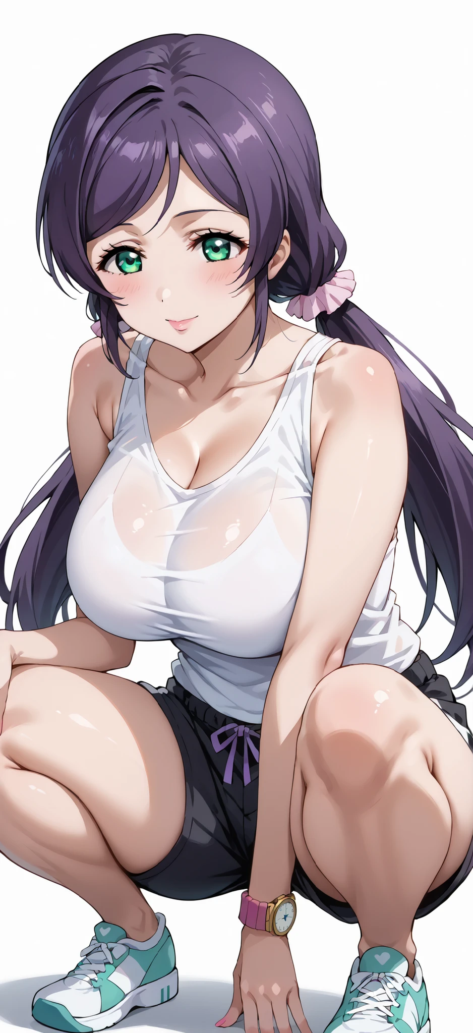 Score_9, score_8_up, score_7_up, score_6_up, source_anime, solo, 1girl, white background, abstract rectangular background, looking at viewer, BREAK 30-years-old, gyaru, nyotengu, , serafuku, huge breast, leaning forward, smirk, cleavage, hair ribbon shiny skin, makeup, pink lips, latex, shiny
