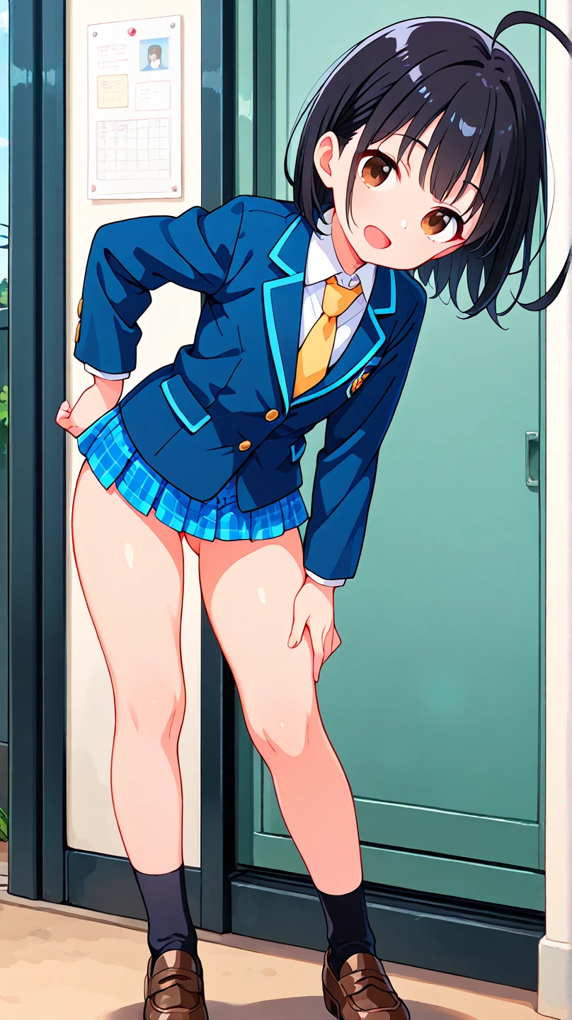 1 girl, (solo), ((amanogawaki)), best quality, highres, high quality, 8k, HD, super detail, anatomically correct, UHD, accurate, (masterpiece:1.2), (high quality:1.0), (ultra detailed), (Front View), (Closed Eyes), Blushing, Brat, (Blue White Uniform), Uniform Skirt, Adult, Yellow Headband, (((Purple Panty Pull))), undressing, Skirt, View from Front, Directly in front