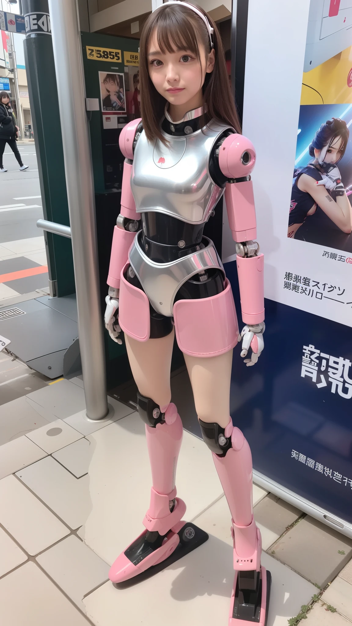 robot girl, pink there, Silver, Metallic body, Robot Parts, Metal Parts, Super Detailed Face, Super well-formed face, of the highest quality, a small face, a small head, Brown hair, slender body, Camera gaze, Internal Mechanical Exposure, Idol, Well-proportioned body, gravure, Photo session, Akihabara, Moe Pose, Standing with legs open, Model body type, sad, Embarrassing,(Perfect Robot Girl),(Perfect machine body)