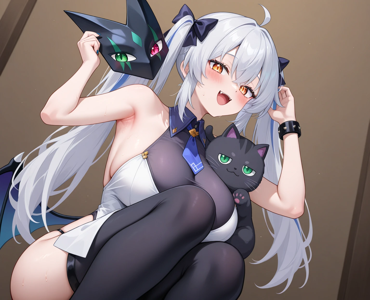"(A true masterpiece with the best quality), featuring silver wolf from honkai star rail in nsfw lingerie, looking shy but also showing off her beauty. She has a small face and large eyes which shows off her cute face. She has a medium-sized chest and a captivating cleavage, with panties that are slightly see-through and revealing. The hint of a nip adds an extra layer of sensuality to this stunning image."