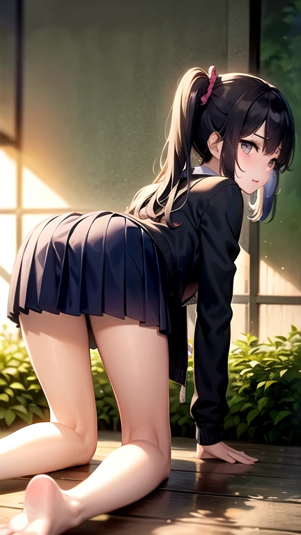 (1 girl),(high quality), (High resolution), (extremely detailed), (8K),(lower body shot),(3CG),(A high school girl wearing a magician's uniform),(wearing black knee-high stockings)not wearing shoes,perfect writing,(Beautifully erect nipple shape),High resolutionの美しい目,(neutral white lighting:1.2),Facing back and sticking out your buttocks