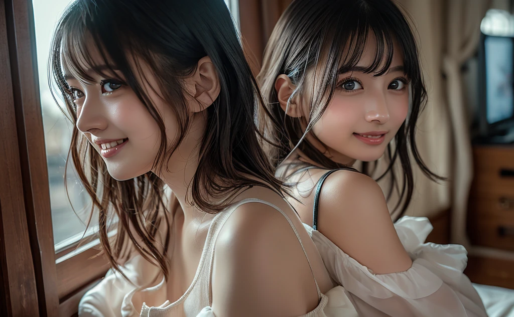 (8k, RAW Photos,Highest quality, High resolution:1.1), (Ultra-realistic:1.4),(Realistic:1.4), Realistic Face,Realistic Body,Realistic Skin,masterpiece,(cute:1.8), Japanese, ((Random Sexy Bra)), Upper Body, Beautiful dark eyes,Innocent eyes,Cinema Lighting,Film Grain,jewelry,Earrings,((Medium Hair:1.1)),Cherry colored lips,Hair Ribbon,ponytail,Audience,Long Hair,,Open your lips,Upper teeth, (Smiling Eyes:0.6),((Grin:1.3)),Blurred Background, Eye focus , Bokeh,young, 85mm lens, Photon Mapping,Radio City,Big Breasts