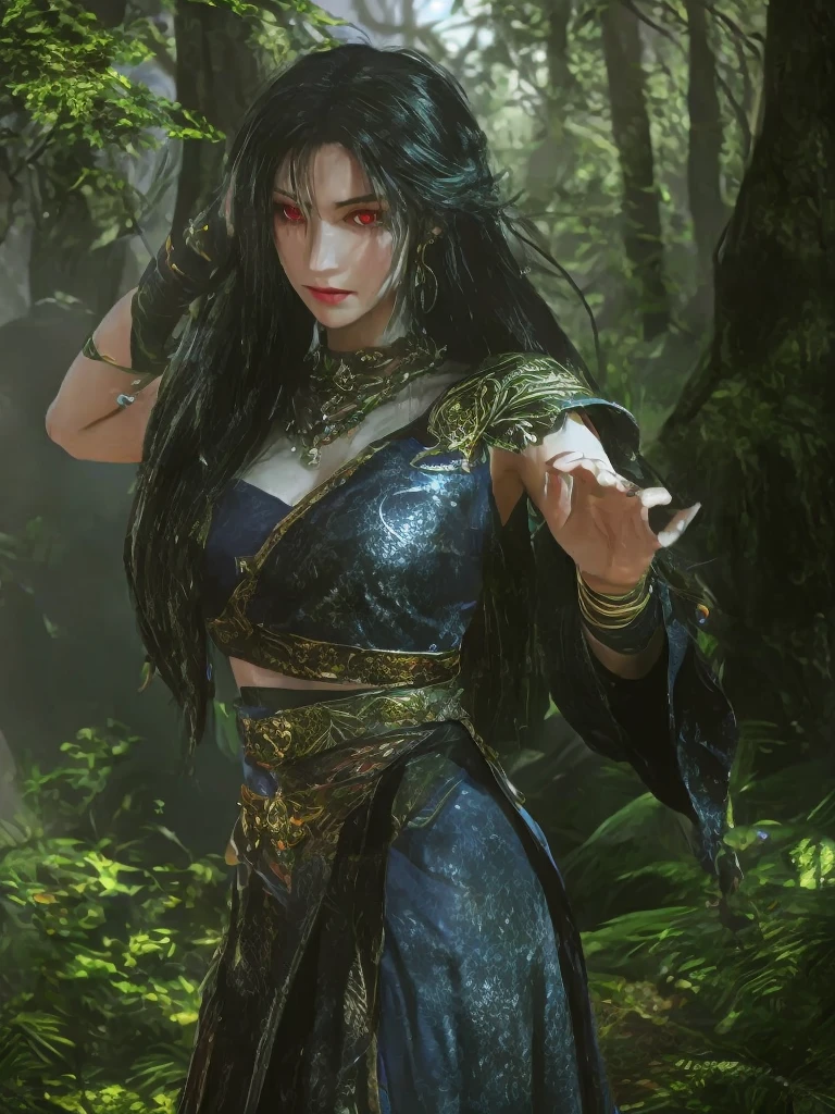 A Yuan-ti woman with pale gray skin, green snake eyes and carrying a black bladed sword. RPG style
