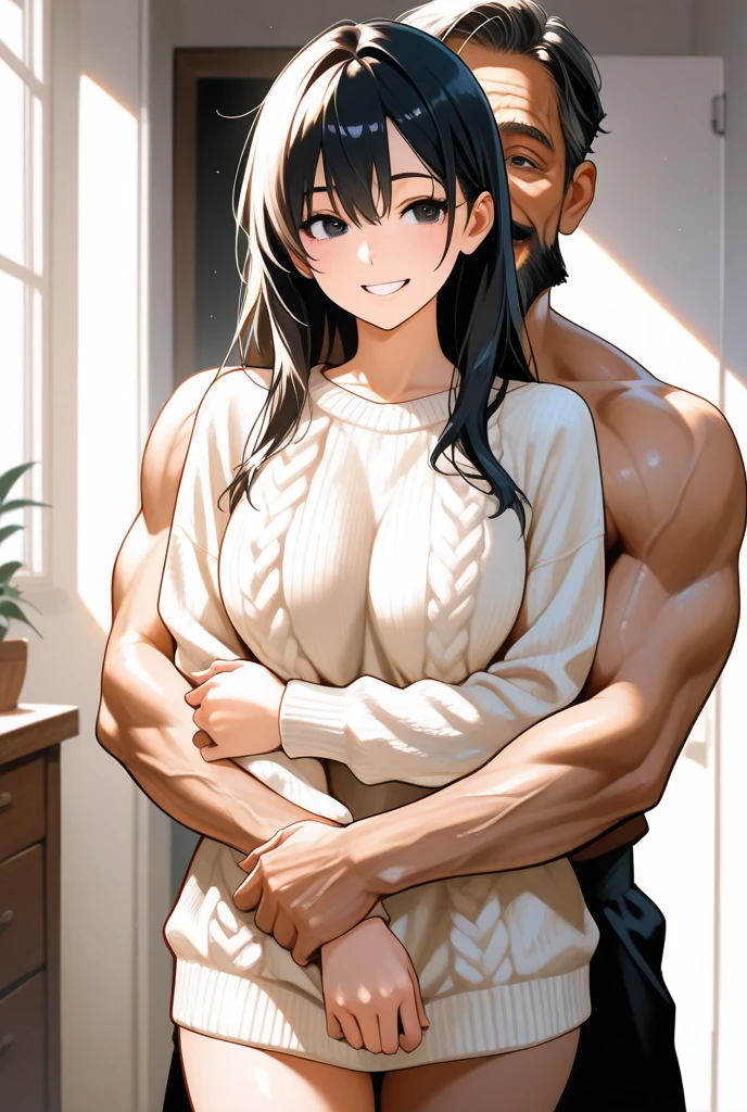 2women,1man, Specter(Arknights), Skadi(Arknights),white hairs,slim bodies, big breast,big thighs, wearing their original clothes,hugging their husband (a black man,muscular body, faceless, wearing casual clothes,bald),nsfw, midnight setting, bedroom.