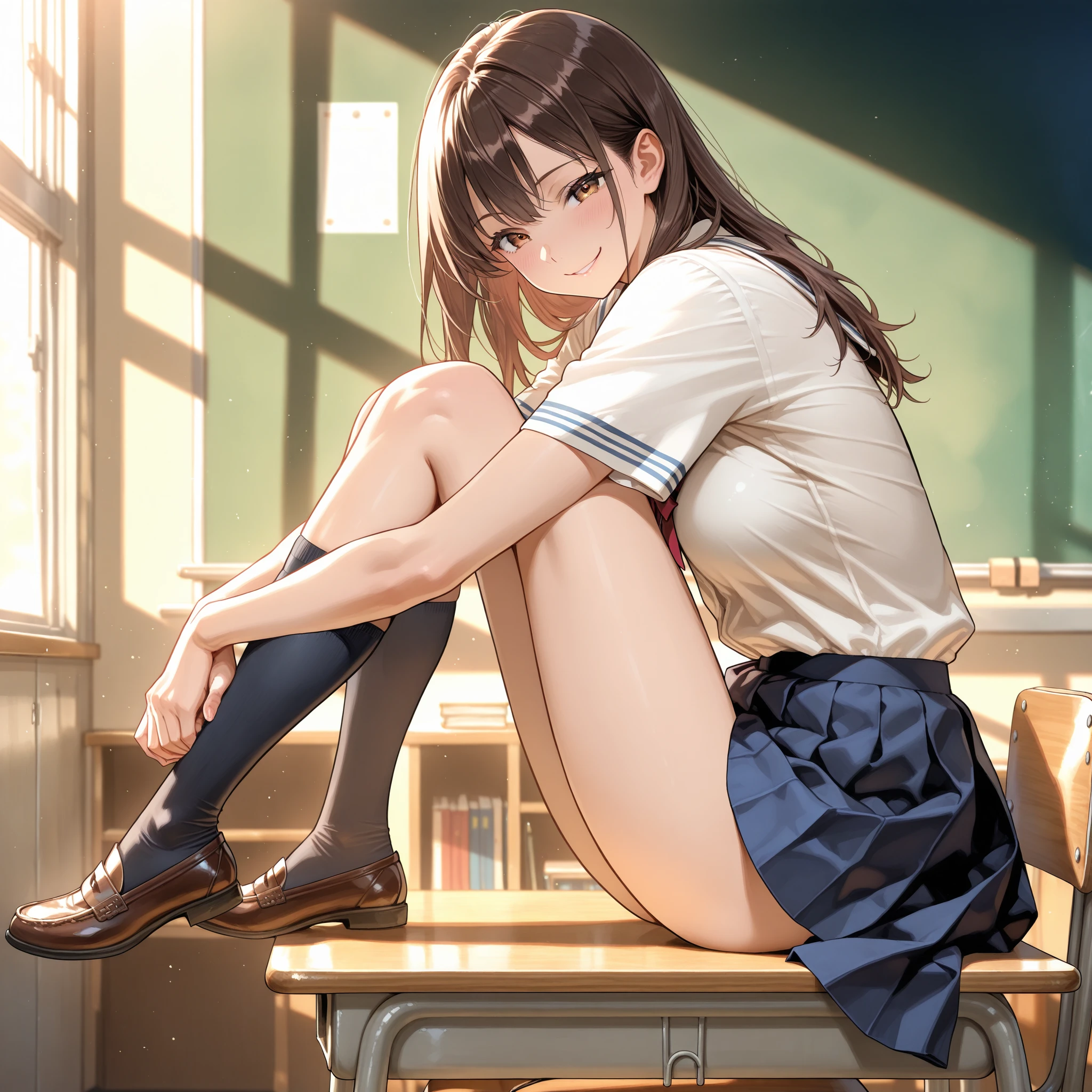 very cute and beautiful girl,(very detailed美しい顔),
(smile),blush,serafuku,navy blue pleated mini skirt,
black hair,sitting,spread your legs,white panties,
wooden classroom,window,distant tree々and town,
(highest quality,masterpiece:1.2),disorganized,High resolution,super detailed,very detailed,32K,8K resolution,
intricate details,movie-like scene,detailed background,alone,dynamic angle,