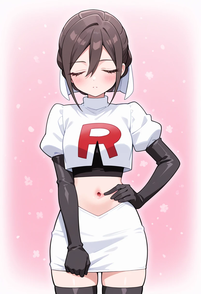 absurdres, cowboy shot, solo, male focus, trap, 1boy, crossdressing,1boy, oma kokichi, team rocket,team rocket uniform,white skirt,red letter R,crop top,black thigh-highs,black elbow gloves, embarrassed, blush