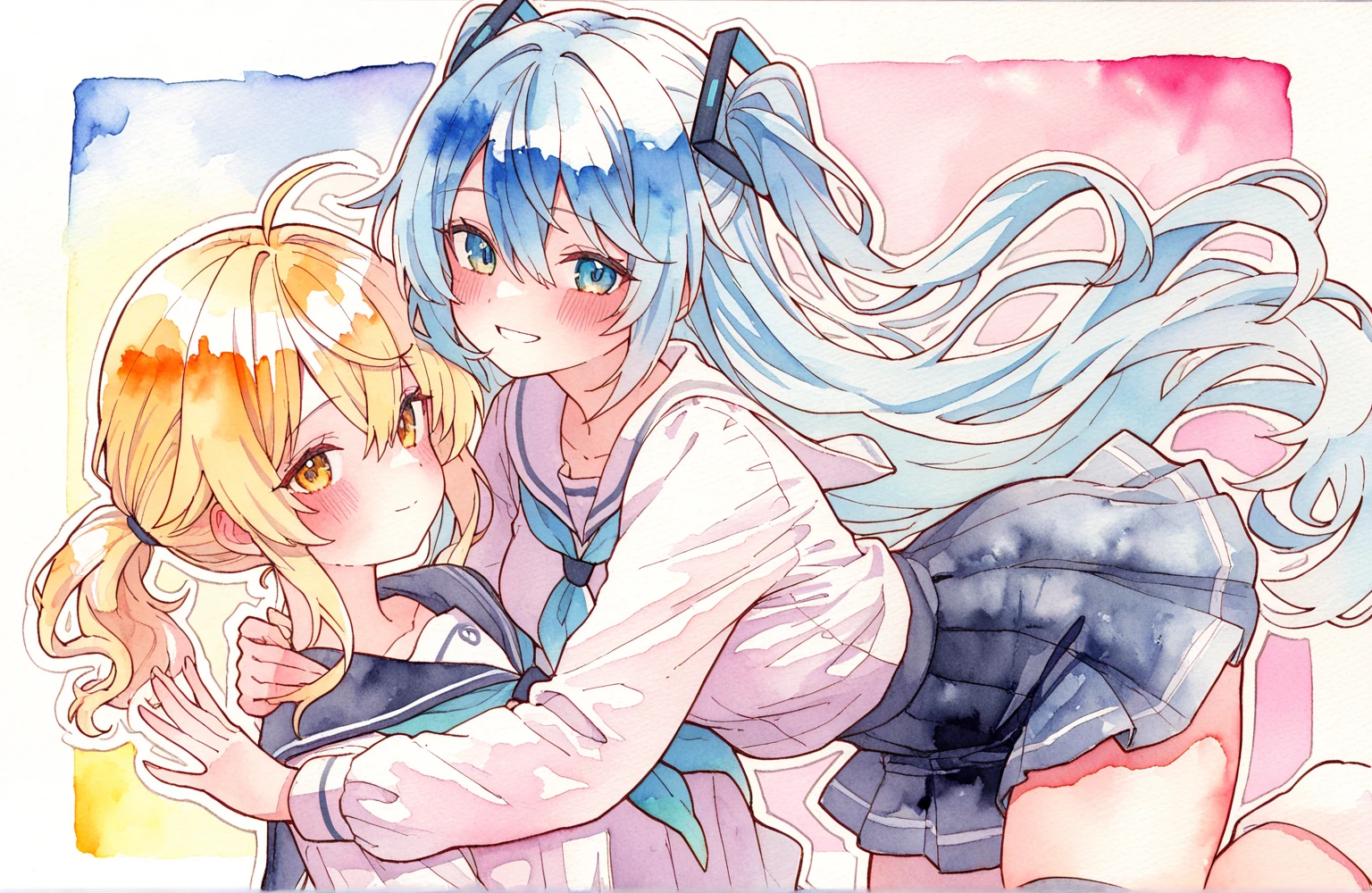 Drawing of a couple of anime characters hugging each other, kissing together cutely, an anime drawing, In anime style, Happy!!!, Twin-tailed, cel shaded anime, cute anime style, two beautiful anime girls, Anime Drawing, by Yuki Ogura, In an anime style, Ecchi anime style, with out shading, Anime Girls, cellshading!!!