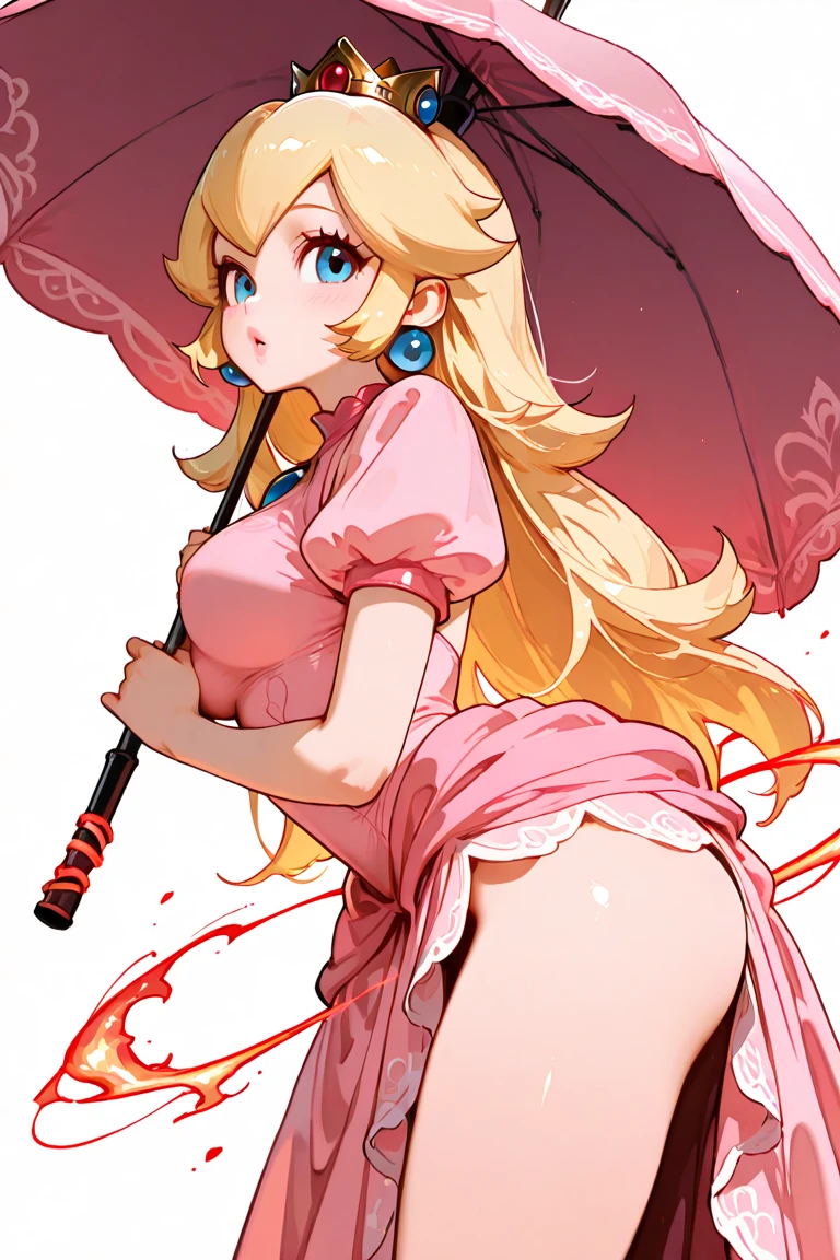 Princess Peach in the Mushroom Kingdom　has a naughty body　The wind is blowing and my pubic hair is visible through my thin panties under my pink dress.　Parasols fly high into the sky　His mouth is closed and he looks embarrassed　looking down　