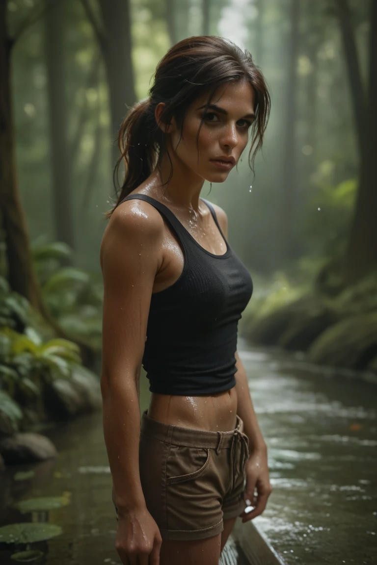 Ass focus, hyperrealism, (photorealistic:1.2), (film grain:1.3), masterpiece, best quality, perfect detail, cinematic lighting, professional photo, realistic photo, raw photo, Sara Jean Underwood, (gray t-shirt:1.3), (sexy gray shorts  :1.3), (wet:1.4), standing, near a forest lake, forest, night, rain, little light, dark.