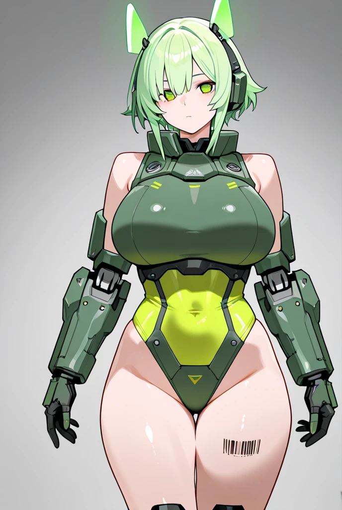 Military green translucent armor,Arm mecha,light blue short hair,Braided hairstyle,Large Breasts,Cleavage,Pistol hanging from waist,fighter pilot,fighter hangar,sexly,Lipstick,miss,Golden Eyes,stockings,Short skirt,Smile,Nipple showing,lipstick,earrings