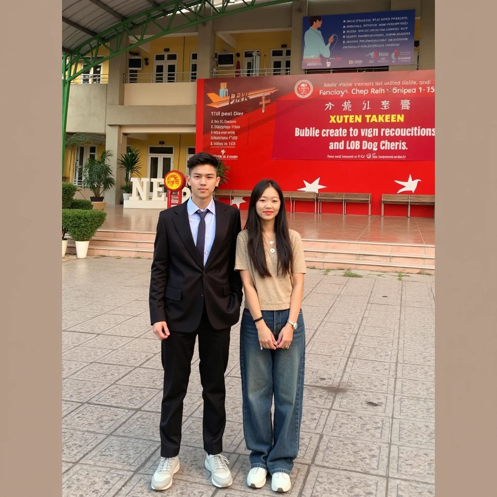 they are posing for a picture in front of a giant sign, profile pic, profile picture 1024px, photo taken in 2 0 2 0, dang my linh, 🚿🗝📝, wearing military uniform, hoang long ly, in front of the house, 4 k post, 4k post, couple pose, smooth in _ the background