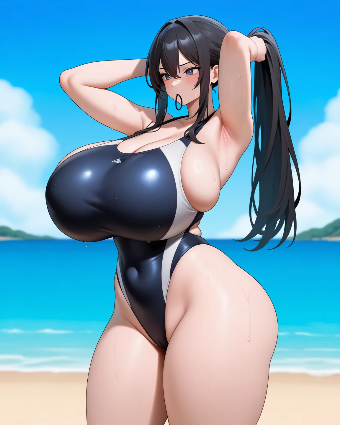 An Idol k-pop girl, (cute face, lewd face), braid hair, intricate face details, detailed face, golden ratio face, ((big breasts:1)), ((slim waist, big butt, big hip, big thighs)), ((intricate hands, detailled hands)), ((intricate feets, detailled feets)), full body, 64K, UHD, HDR, global illumination, (high quality, high detailed, hyper detailed, extremely detailed), photo realistic, ultra realistic, art photo, (clarify the details, detailed parts body), intricate artwork masterpiece, trending on artstation, (shoft smile), (yellow eyes:1), tight clothes, look at viewer, (polished skin:1,9), (wet skin:1,9), (waters drops on the skin:1,9), standing on the beach, rocks, waves, waters, sea, sky, long socks
