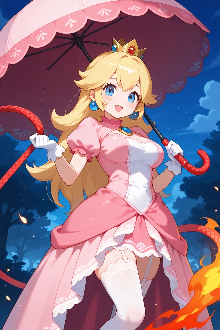 Princess peach,showing armpits and pussy half naked, forest background, smiling.