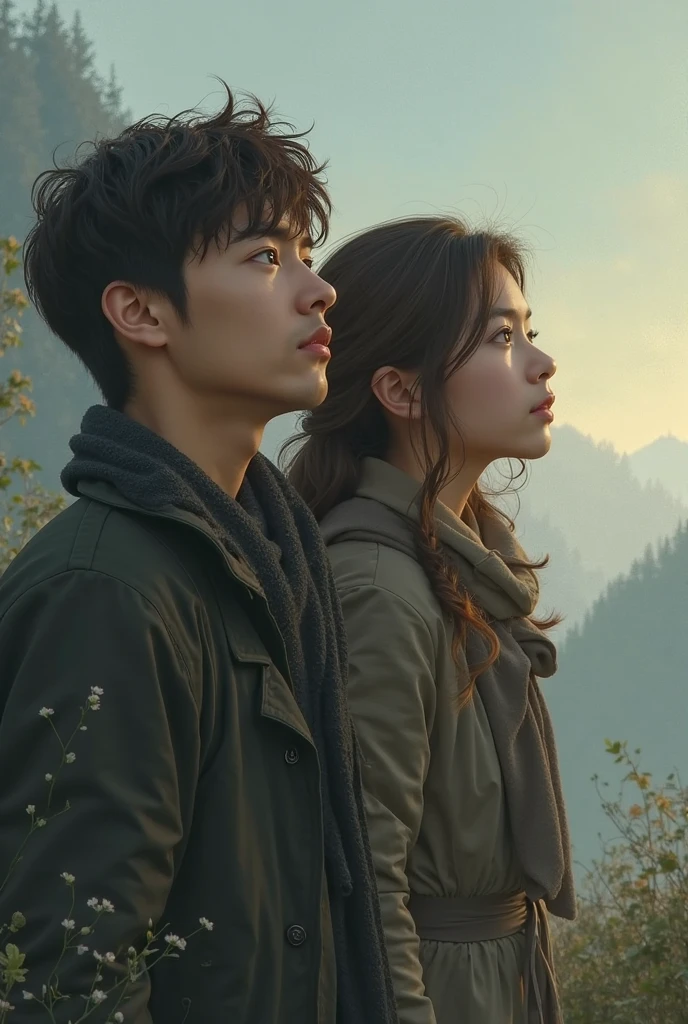 Asian man and woman in love,Male back to female,Women can only have half of their faces,Beautiful dreamy background,Ultra photo realsisim,Best picture quality,cinematic colorgrade