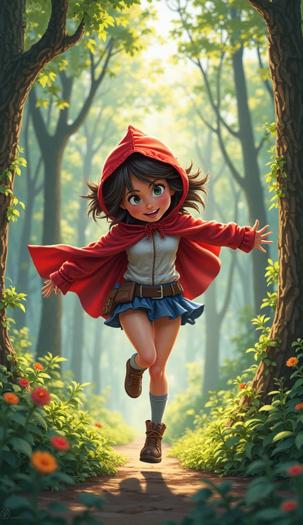 Little Red Riding Hood, young, about 13 years old, and jumping