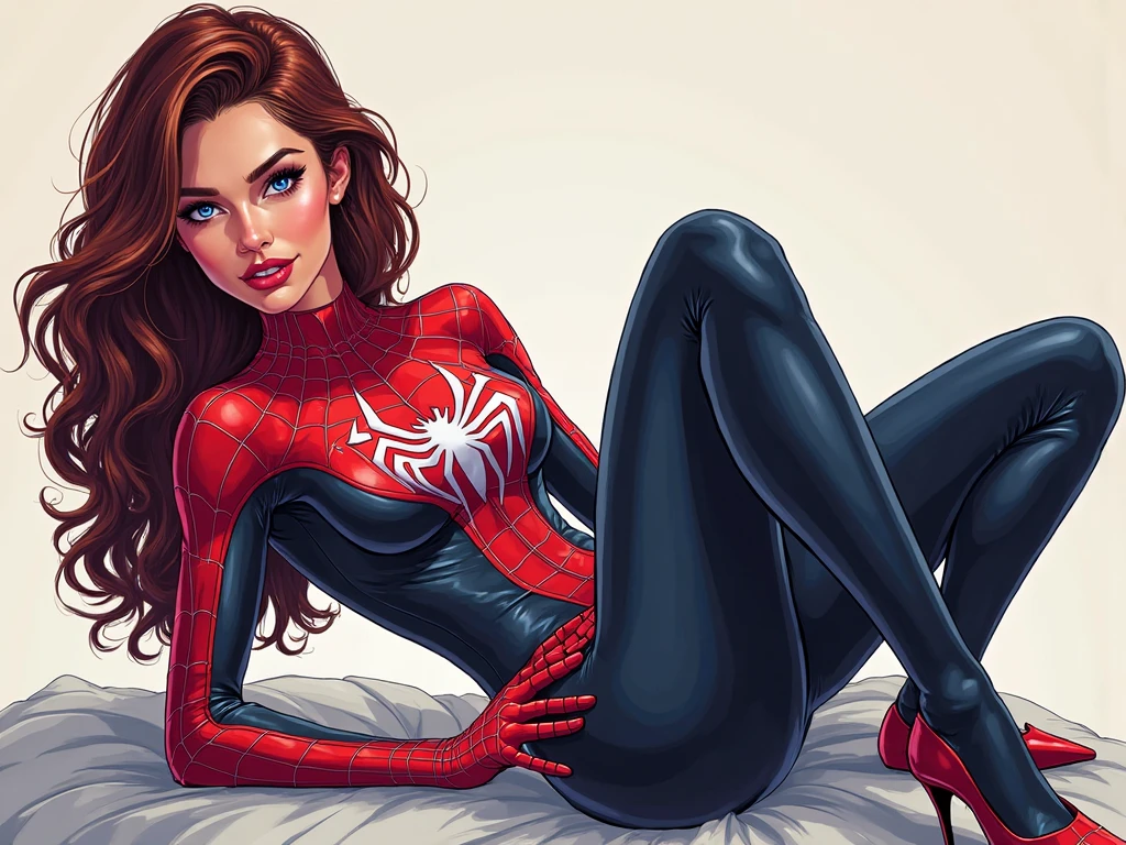 Chica con traje de spiderman dibujada en el estilo de los comics de spiderman con el cabello a la clavicula color cafe, ojos cafes, labios gruesos, con pechos enormes.