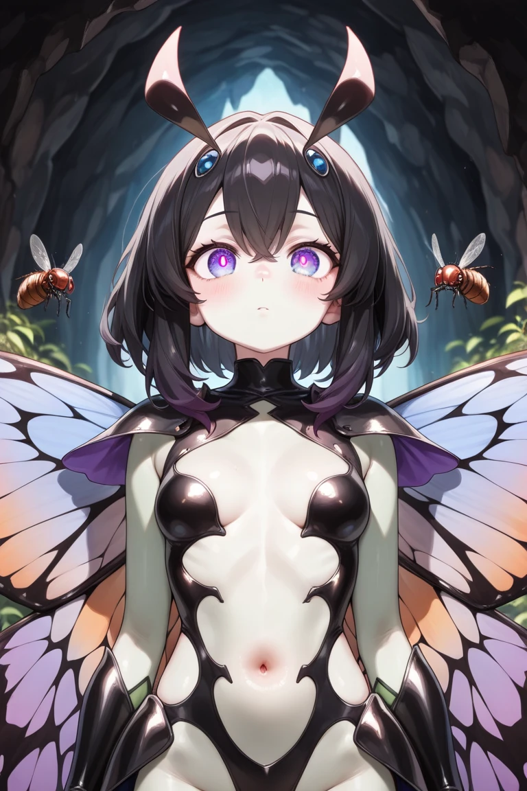 (girl covering her breast with hands:1.4), solo, slim,shaply, sitting, dark hair with blue shade, bright eyes, slim hips, collar, (fairy wings on back:1.5), dark forest, (dark night), pale skin, sad, clothes folds, (black grass:1.5), yellow eyes, nsfw, very small breast, tights,loose long skirt, navel, detailed eyes,4k eyes, 4k pupil,