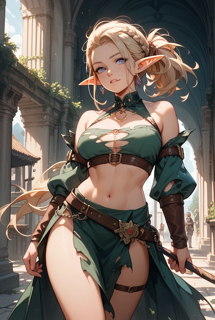((Medieval fantasy setting)). Tags: super detail, high details, high quality, best quality, highres, 4K, detailed face, face fix, detailed hands, detailed fingers, portret, photo in full height, 1girl "Echo is a 22-year-old half-elf. She has light brown skin. Thick light chestnut hair with caramel highlights and soft waves. Brown eyes with green hues. Her beautiful face is oval with soft features and pronounced cheekbones. She has full and attractive lips with a natural blush. A slight scar over her right eyebrow. Her ears are small like a human's but pointed like an elf's. Her physique is athletic and slim, she toned and flexible. She has a round and elastic body shapes." Clothing. Style: Tight-fitting bodysuit made of elastic mesh, which completely hugs the body, emphasizing its shape. Exposed breasts and private parts leave the body visible for inspection. Top: The plunging neckline leaves the chest completely exposed, supported only by thin straps. Bottom: The bottom of the bodysuit exposes intimate areas, leaving only decorative strips of lace that emphasize the thighs. The back is open. Echo seduces others. She demonstrates her body in candid poses. Background: An outdoor fantasy medieval festival. Tags: (Harness Breasts), (Crotch), (Butt Crack), ((pussy visible), butt visible, breasts visible, uncensored)