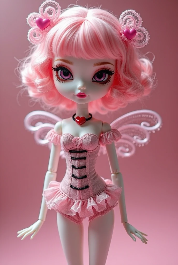 Bratz girl with detailed eyes and big lips and pink hair, wearing versace colorful flowers dress , full body , plastic skin , doll joints , ,(masterpiece, top quality, best quality, beautiful and aesthetic:1.2), mystia lorelei, doll, revealing clothes, big head, 1girl, solo, breasts, curvy, wide hips, narrow waist, joints, doll joints, cleavage, bursting breasts, huge breasts, lips, 1girl,hat,pink hair,dress, animal ears,wide sleeves, wings, full body, high heels, thighhighs, long legs