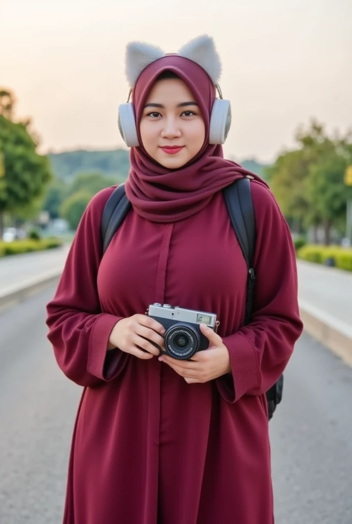 a beautiful girl wearing a hijab shawl wearing a checkered tunic shirt, wearing long tight jeans wearing sports shoes, wearing a bag on her back, is on a suspension bridge, around her there is green lake water and there are trees that are falling because of autumn while smiling holding the camera