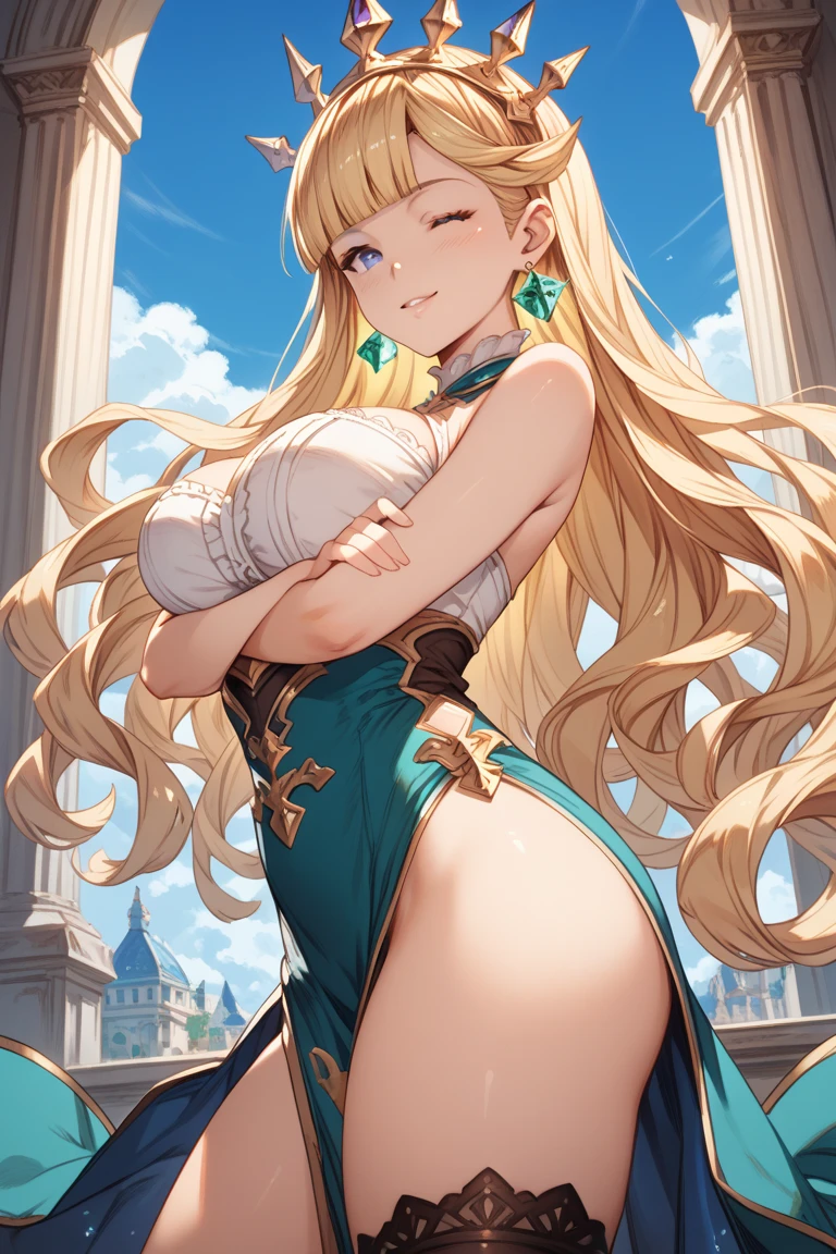 Close-up of a woman in a dress with a sword, anime goddess, blonde hair princess, ((Beautiful Fantasy Empress)), Beautiful Fantasy Empress, elegant pose, , Elf Queen, Charming elf princess knight, an Elf Queen, Princess Hyperborea, blonde goddess, Anime blonde girl with long hair, portrait of an Elf Queen, very big breasts, realistically, Young woman