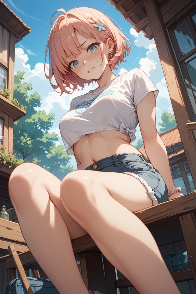 Pink Hair　There&#39;s a little bit of purple in it　short　female　Big Breasts　Black string ornament nude　Gentle face