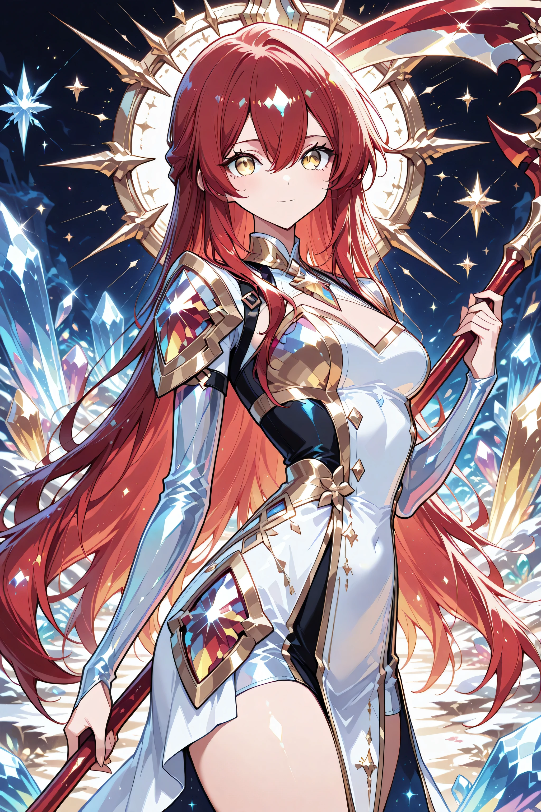 1 girl , golden eyes , very long hair , long sidelocks, red hair ,half updo, petite , very cute , beautiful ,Straight hair, cool, handsome, hair between eyes, sexy, medium breasts, holding a large scythe that resembles crystal, read paladin armor , crystal girl , elaborately designed clothes, crystals fantasy, sparkling, shining, colorful, translucent, glittery, shine, play of color, refraction of light, crystalline texture, crystals, gems, jewels