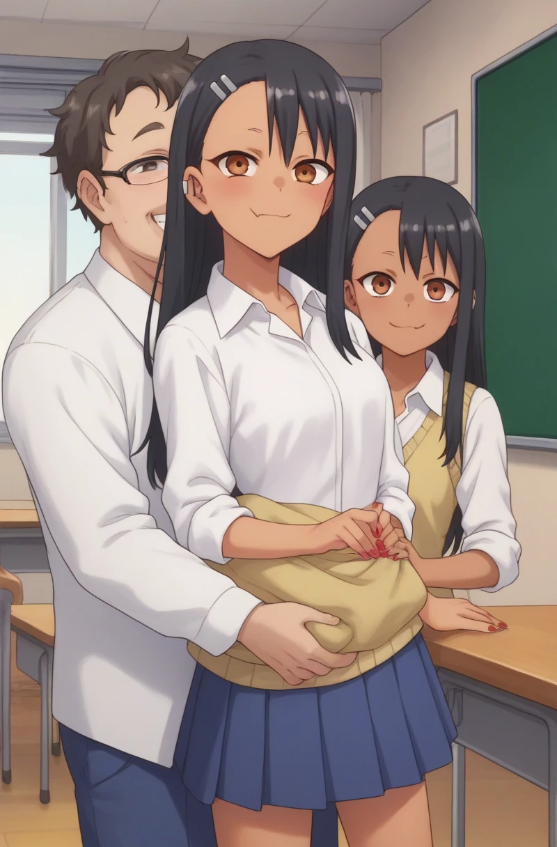 a beautiful young girl with a shy smile, completely nude, long dark hair, in a school event setting, with a boy also nude, both revealing their genitals, blushing, middle school age, detailed pubic hair